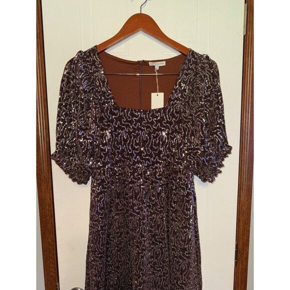 NWT Anthropologie Moon River Brown and Silver Sequin Dress Sz Small - Picture 4 of 13